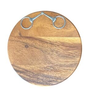 Vagabond House Acacia Wood Round Cheese Board Pewter Horse Bit Handle Equestrian